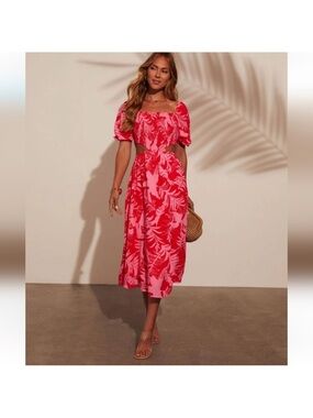 Vici Pink & Red Leaf-Print Midi Skirt